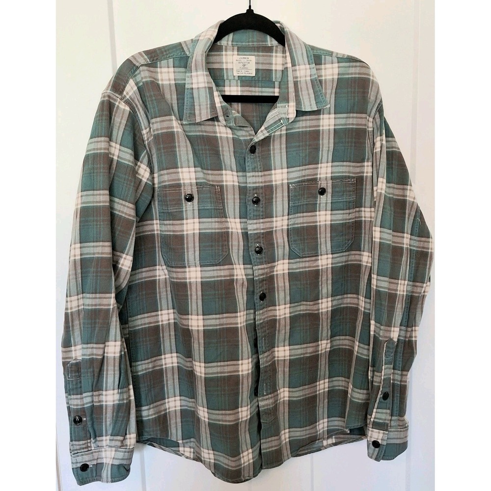 J Crew Mens XL Flannel Shirt Plaid Teal Brown 100% Cotton Fall 2009 Workwear